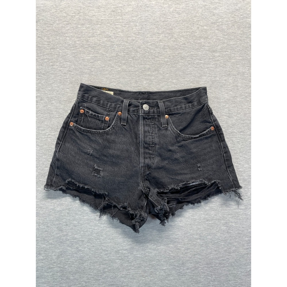 Levi's 501 Original Cut Off Denim Shorts Womens 27 Black Distressed Frayed Hem